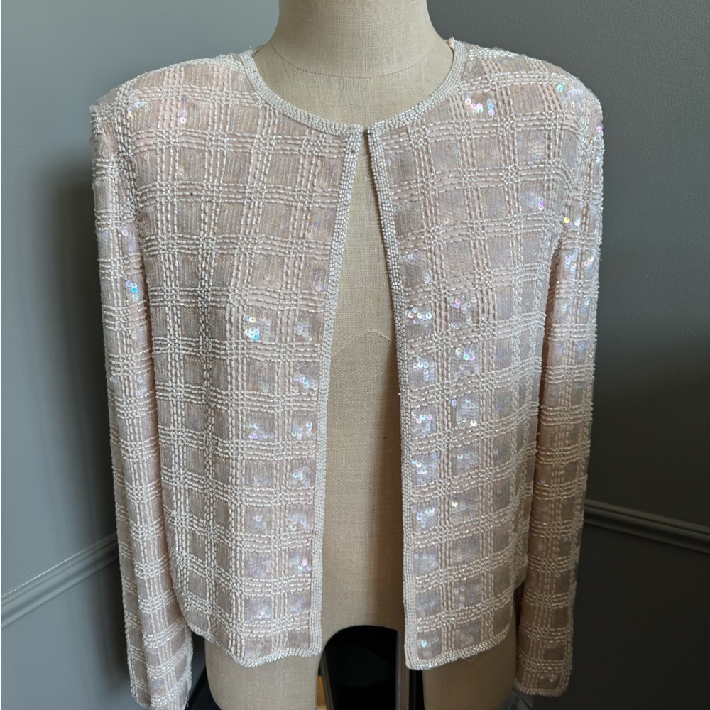 Adrianna Papell Sequin Embellished Cream Jacket